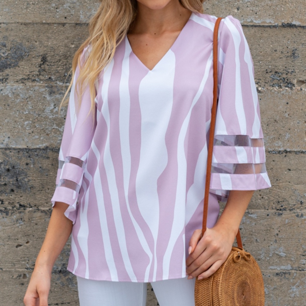 Pink Contrast Mesh Inset Bell Sleeve V-Neck Blouse